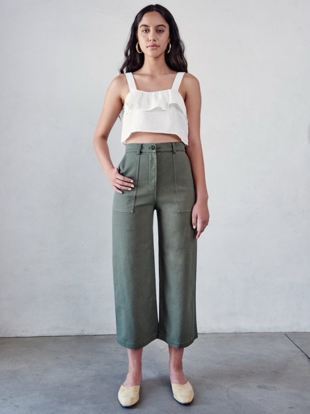 First Rite Herringbone Twill Cotton High Waist Cargo Pant Green S